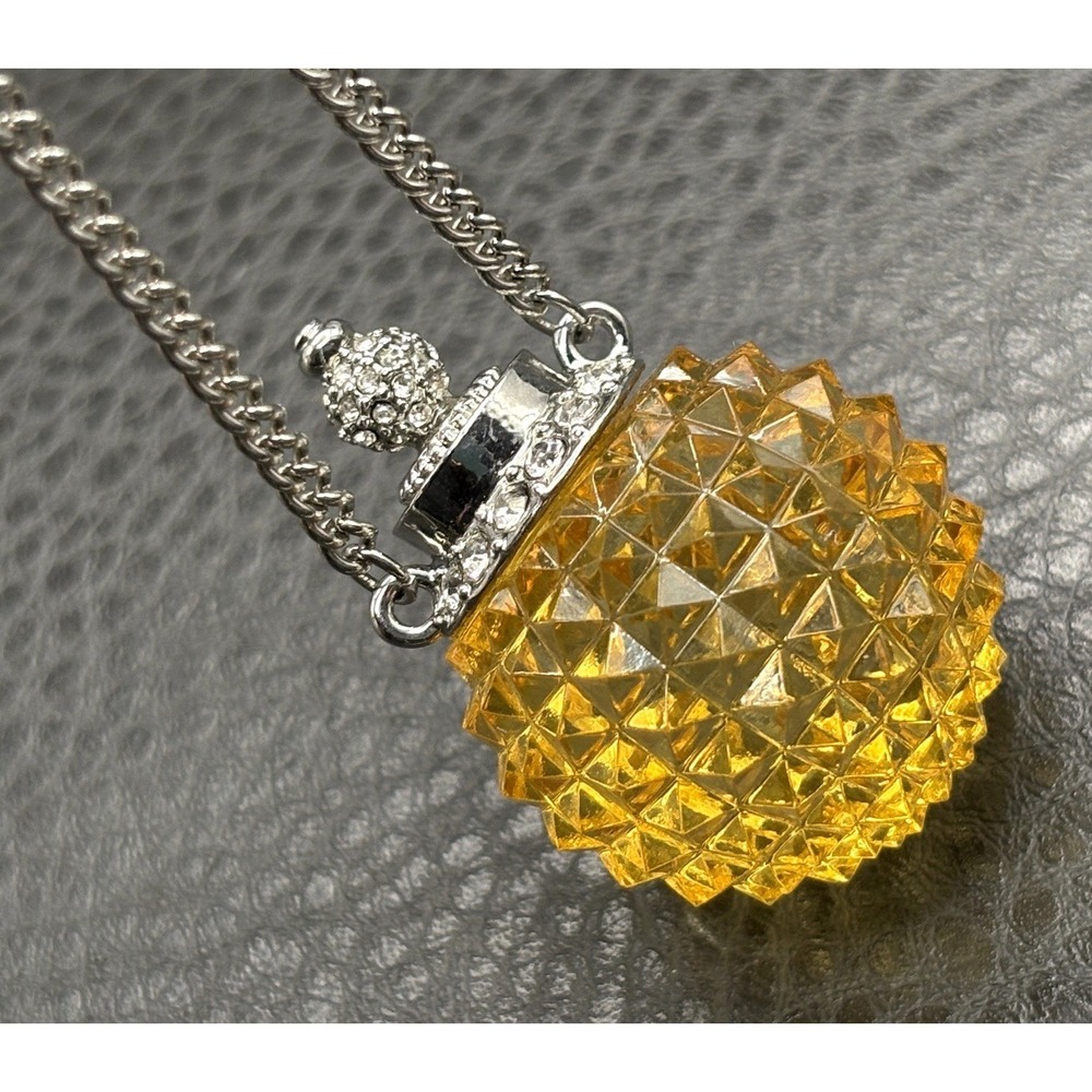 Y2K Yellow Faceted Crystal Ball Bottle Pendant Silver Tone Chain Necklace 33-36"